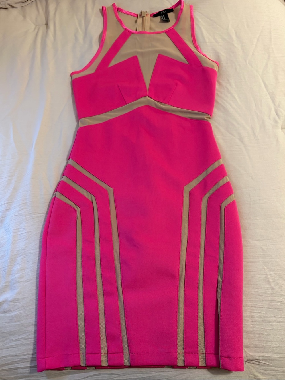 Forever 21 Hot Pink Mini Bodycon Dress with Beige Mesh Accents